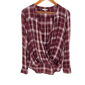 Mystree Woven Maroon Red Plaid Surplice Faux Wrap Top 90s Grunge Revival Small